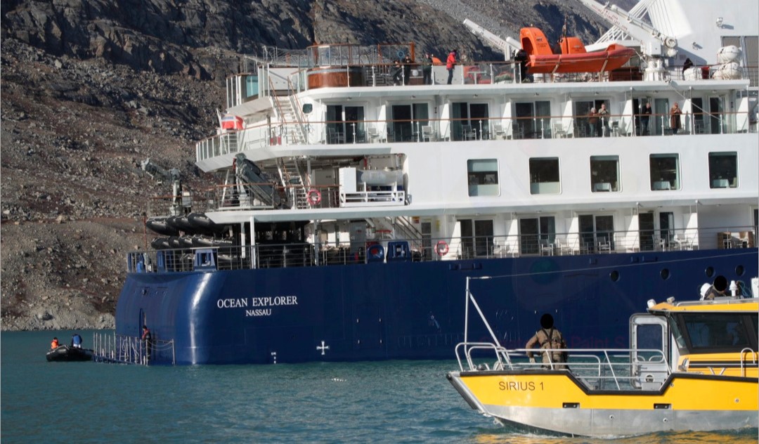 The “Ocean Explorer” grounded at the end of an isolated fjord in Greenland