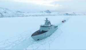 The patrol ship Knud Rasmussen seen here in 2015 breaking ice to get