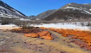 The orange stream color reflects oxidized iron, but also often indicates elevated heavy metal concentrations. This photo shows th mixing of an orange tributary with clearer waters of the Anaktok River. Photo: Josh Koch, US Geological Survey