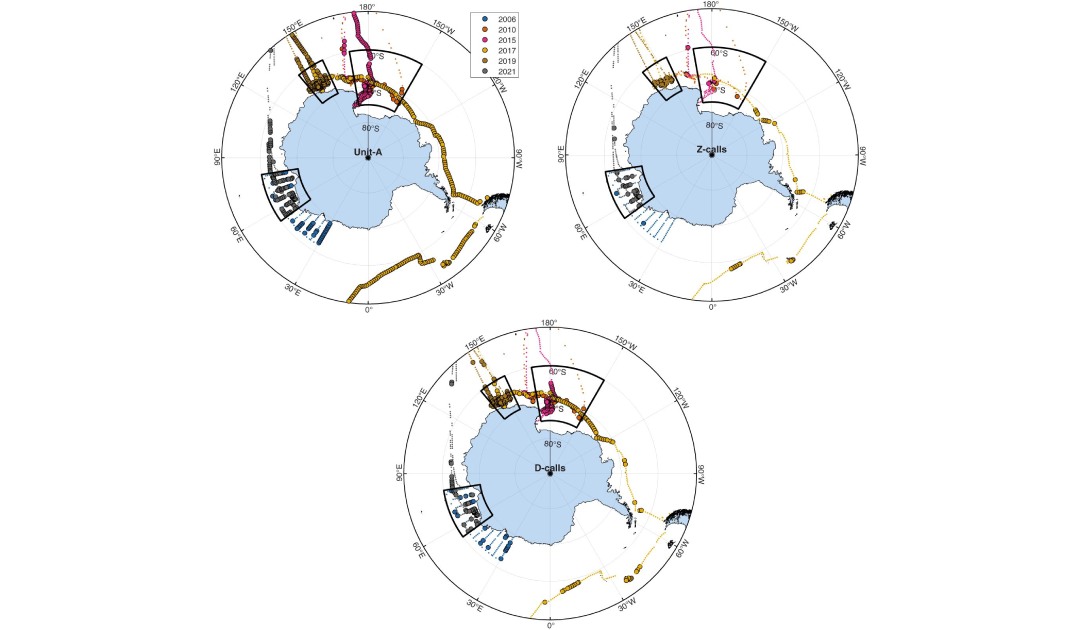 A figure from the study showing the different locations of the sonobuoys throughout the years. Each map tracks a different call type and the black boxes indicate the areas used for regional comparisons: The Indian Sector, the Dumont d’Urville Sea, and the Ross Sea. Image: Australian Antarctic Division